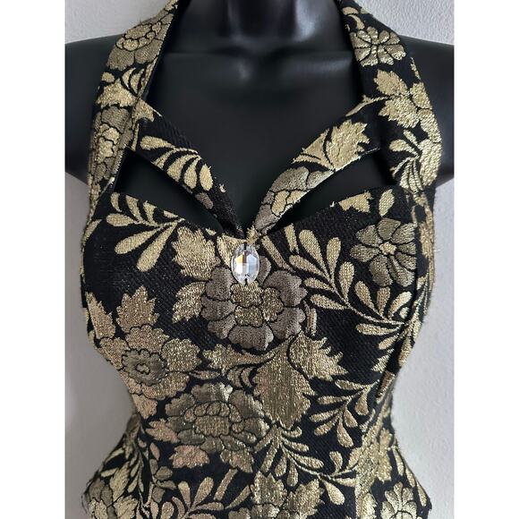 Vintage 80s Gunne Sax Metallic Brocade Halter Ball Gown Holiday Formal Size 3/4 - Picture 4 of 11